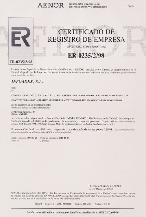 AENOR Certificado de registro de empresa