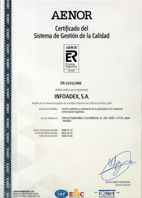 AENOR certificado del sistema de gestión de la calidad